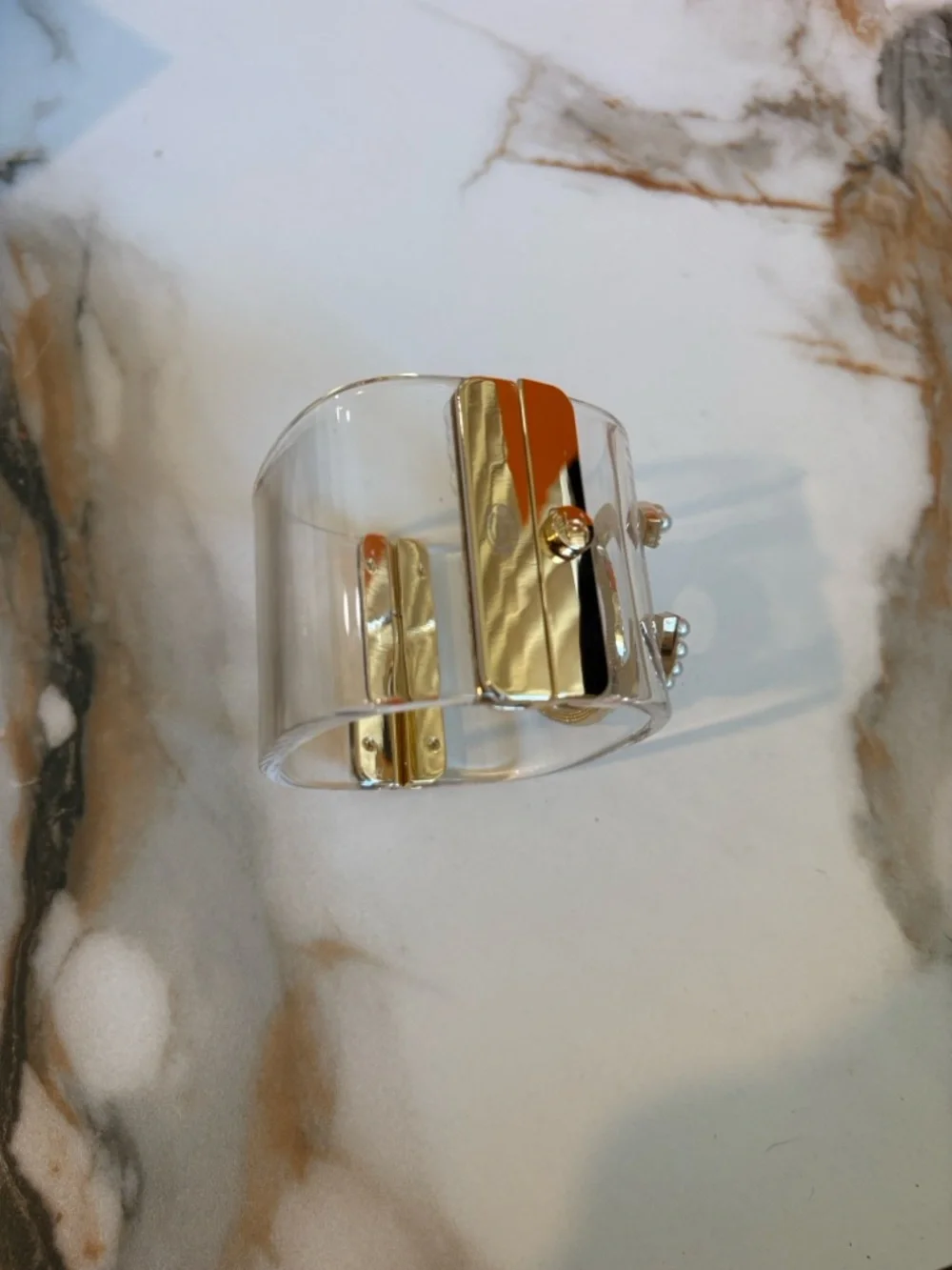 CHANEL Clear Cuff Bracelet with Pearl-Embellished Logo and Gold Trim - Picture 3 of 4